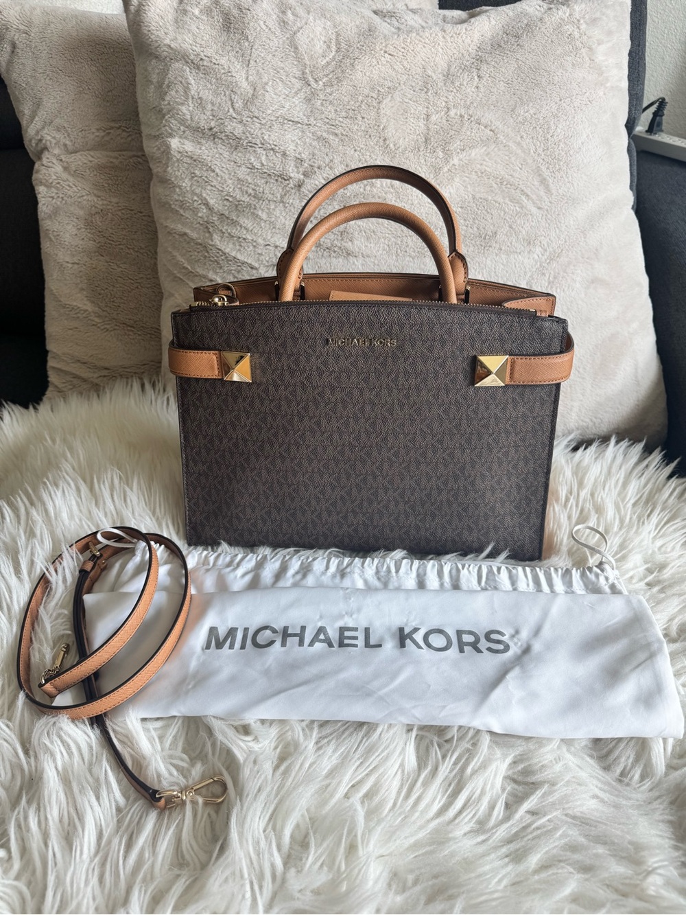 Michael Kors Brown & Tan Logo-Print Satchel with Gold Hardware